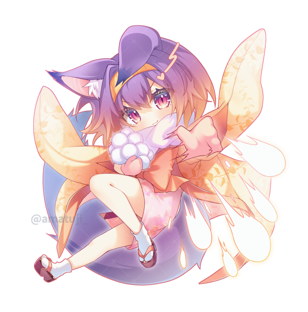 &gt;:) 1girl amatsuji animal_ear_fluff animal_ears blush bow chibi closed_mouth comiket_103 commentary_request eyelashes eyes_visible_through_hair floating_clothes floral_print fox_ears fox_girl fox_tail gradient_hair hair_between_eyes hair_intakes hatsuse_izuna heart heart_in_eye holding_snowball japanese_clothes kimono knee_up looking_at_viewer medium_hair motion_lines multicolored_hair no_game_no_life orange_bow orange_hair purple_eyes purple_hair sandals scarf short_kimono simple_background slit_pupils smile snowball socks solo symbol_in_eye tabi tail twitter_username v-shaped_eyebrows white_background white_scarf white_socks yellow_kimono