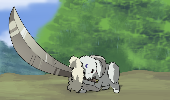 2014 alternate_species ambiguous_gender blue_sky bluekyokitty canid canine canis cel_shading cloud day detailed_background digital_drawing_(artwork) digital_media_(artwork) digitigrade domestic_dog feral floppy_ears fluffy full-length_portrait fur furrification holding_object holding_sword holding_weapon inuyasha lop_ears mammal markings melee_weapon moon_(marking) outside paws portrait purple_markings red_eyes sebdoggo sesshomaru shaded sky snout solo sword sword_in_mouth tail weapon white_body white_fur