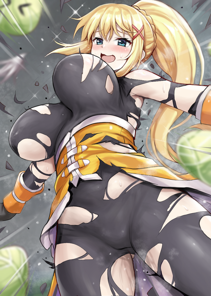 1girl black_bodysuit blonde_hair blue_eyes blush bodysuit bouncing_breasts breasts cabbage darkness_(konosuba) hair_ornament highres impossible_bodysuit impossible_clothes kono_subarashii_sekai_ni_shukufuku_wo! large_breasts long_hair looking_at_viewer masochism open_mouth outstretched_arms ponytail r-binon single_hair_ring smile solo spread_arms tight_clothes torn_bodysuit torn_clothes unaligned_breasts x_hair_ornament