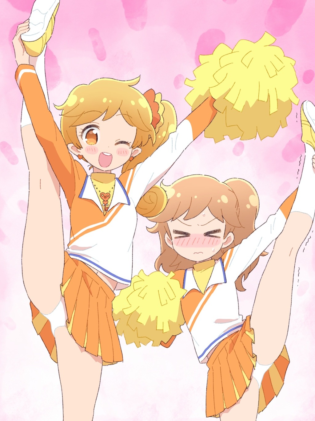 &gt;_&lt; 2girls arms_up blonde_hair blush cheerleader collared_shirt highres himawari_(fairilu) holding holding_pom_poms ikzw jewelry key leg_lift leg_up long_hair looking_at_viewer midriff miniskirt multiple_girls necklace nose_blush one_eye_closed open_mouth orange_hair orange_skirt outstretched_arms panties pink_background pleated_skirt pom_pom_(cheerleading) rilu_rilu_fairilu sakuraba_kano shirt side_ponytail skirt smile split standing standing_on_one_leg standing_split sweatdrop sweater trembling two-tone_shirt underwear white_panties yellow_sweater