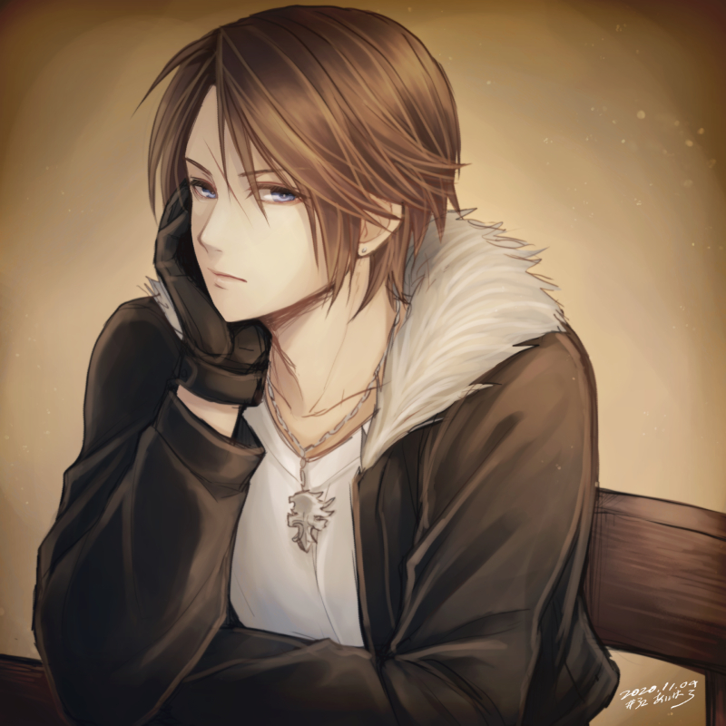 1boy black_gloves black_jacket blue_eyes brown_hair chain_necklace chair commentary_request cropped_jacket dated earrings elbow_rest elbows_on_table expressionless final_fantasy final_fantasy_viii fur-trimmed_jacket fur_trim gloves hand_on_own_head hiryuu_(kana_h) jacket jewelry light_particles male_focus necklace on_chair open_clothes open_jacket scar scar_on_face shirt short_hair signature sitting solo squall_leonhart stud_earrings upper_body v-neck white_shirt yellow_background
