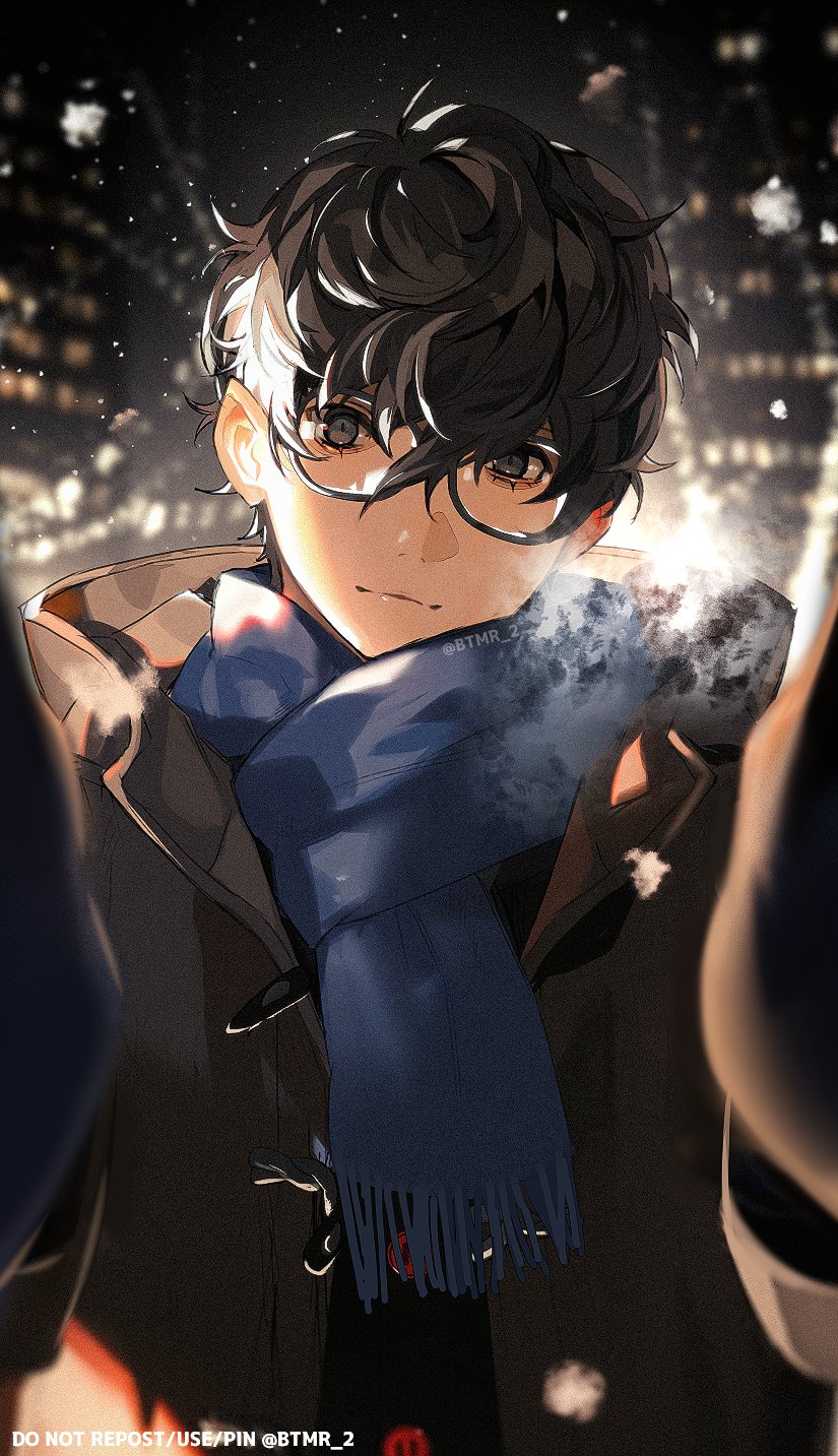 1boy amamiya_ren black_eyes black_hair blue_mittens blue_scarf breath btmr_game buttons closed_mouth coat glasses hair_between_eyes highres looking_at_viewer male_focus meme mittens night open_clothes open_coat outdoors persona persona_5 pov_cheek_warming_(meme) reaching reaching_towards_viewer scarf snowing solo twitter_username upper_body winter_clothes