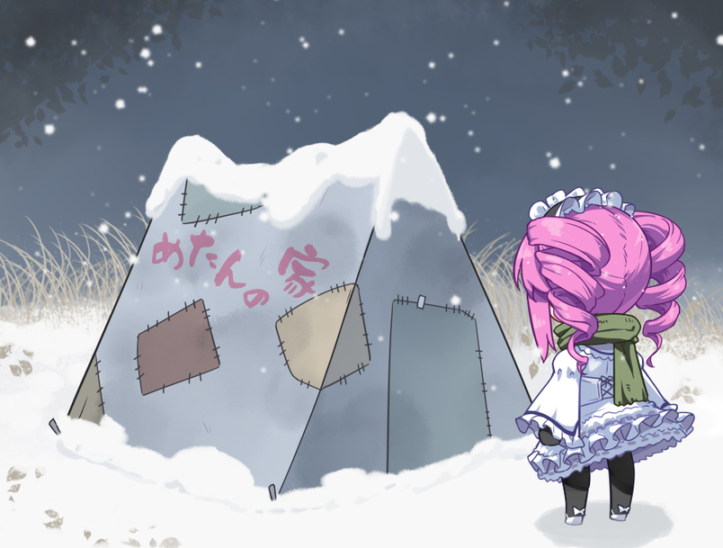 1girl arms_at_sides black_pantyhose chibi commentary_request dress drill_hair dry_grass facing_away frilled_dress frilled_hairband frills from_behind green_scarf hairband lolita_fashion long_sleeves night null_(nyanpyoun) outdoors pantyhose pink_hair scarf shikoku_metan sidelocks snow snowing solo tent translated twin_drills utau voicevox white_dress wide_shot