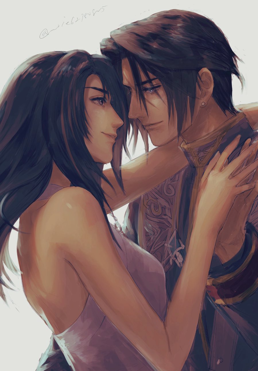 1boy 1girl arm_around_neck arm_around_waist bare_arms bare_shoulders black_hair blue_eyes brown_eyes brown_hair closed_mouth couple dancing dress earrings final_fantasy final_fantasy_viii gold_trim halter_dress halterneck hetero highres holding_hands jacket jewelry long_hair long_sleeves looking_at_another military_jacket military_uniform multicolored_hair noie_(neunteedelstein) official_alternate_costume parted_bangs rinoa_heartilly scar scar_on_face scar_on_forehead seed_uniform_(ff8) short_hair single_earring smile squall_leonhart streaked_hair twitter_username uniform upper_body white_dress