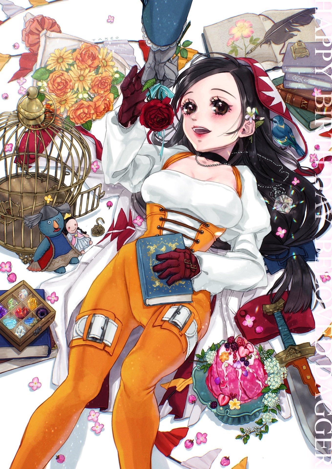 1boy 1girl bird birdcage black_choker black_hair blue_bird blush bodysuit book bouquet brahne_raza_alexandros_xvi breasts brown_eyes cage cake character_name choker cleavage crystal dagger feet_out_of_frame final_fantasy final_fantasy_ix flower food garnet_til_alexandros_xvii gloves grey_gloves hagihara_takeo hair_flower hair_ornament hair_tie happy_birthday highres holding holding_book holding_flower jewelry juliet_sleeves knife lace-up_top lock long_hair long_sleeves low-tied_long_hair lying medium_breasts on_back open_mouth orange_bodysuit out_of_frame padlock parted_bangs pendant puffy_long_sleeves puffy_sleeves red_flower red_gloves red_rose rose shirt smile solo_focus stuffed_toy underbust weapon white_shirt wrist_cuffs zidane_tribal