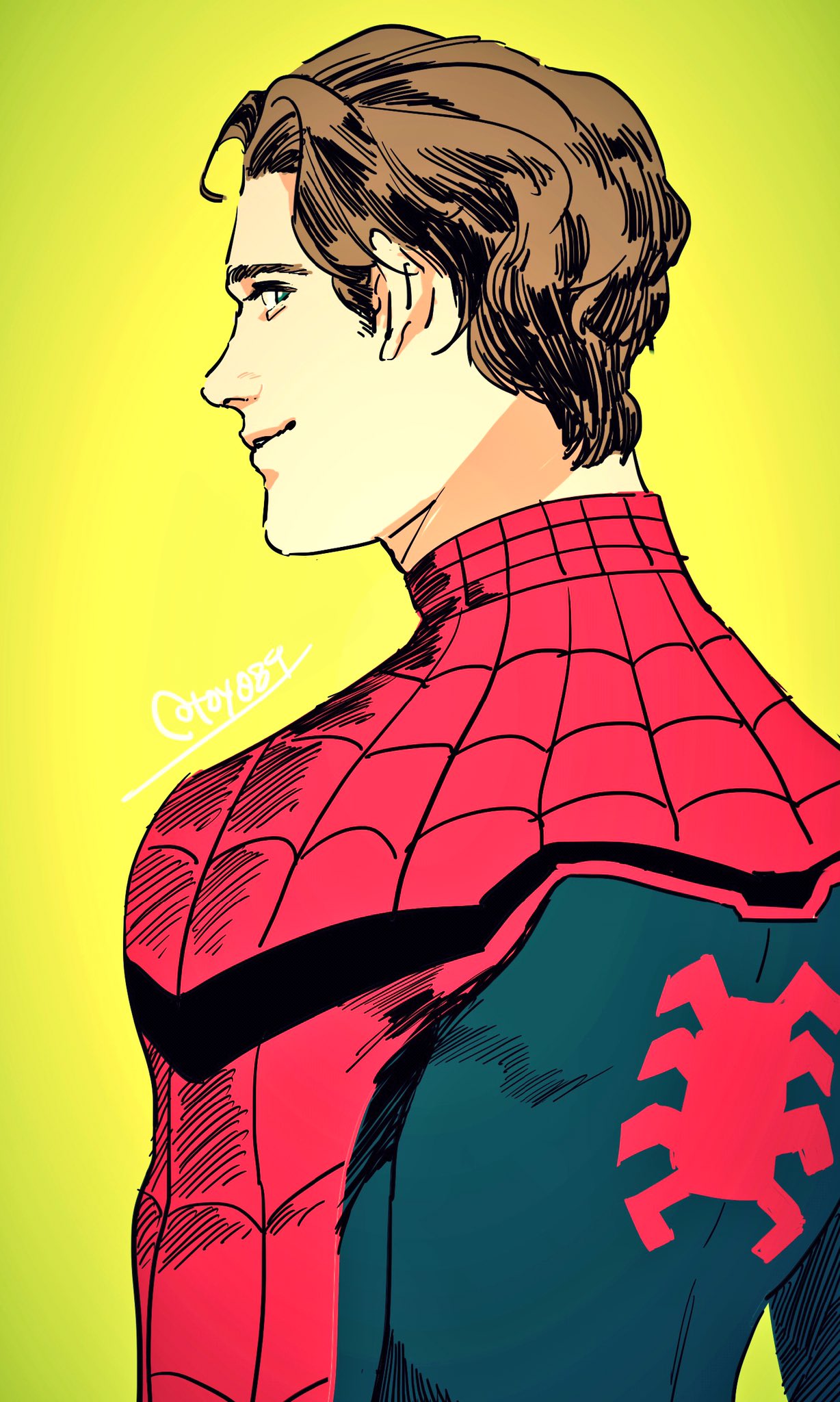 1boy animal_print artist_name back blue_bodysuit bodysuit brown_hair closed_mouth english_commentary from_behind green_eyes highres looking_at_viewer looking_back male_focus marvel marvel_cinematic_universe peter_parker red_bodysuit short_hair simple_background smile solo spider-man spider-man_(series) spider_print spider_web_print standing superhero toy_(toy084) two-tone_bodysuit yellow_background