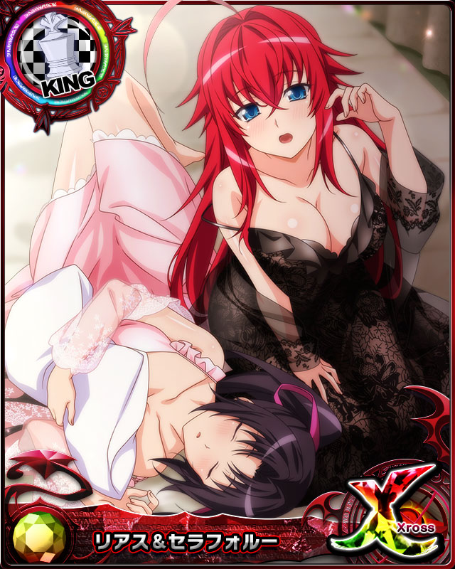 2girls ahoge black_hair blue_eyes breasts card_(medium) chess_piece cleavage hair_between_eyes high_school_dxd high_school_dxd_cross king_(chess) large_breasts long_hair looking_at_viewer lying multiple_girls official_art on_back open_mouth pillow red_hair rias_gremory see-through serafall_leviathan sleeping tongue twintails