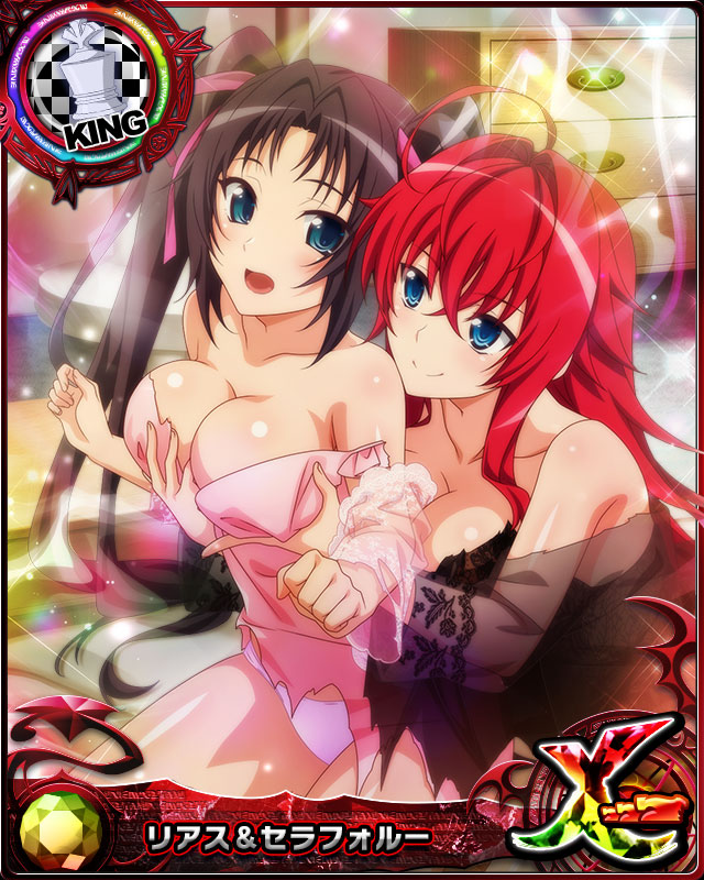 2girls ahoge black_hair blue_eyes breasts card_(medium) chess_piece cleavage collarbone from_behind grabbing grabbing_another's_breast grabbing_from_behind hair_between_eyes high_school_dxd high_school_dxd_cross king_(chess) large_breasts long_hair multiple_girls official_art open_mouth panties red_hair rias_gremory see-through serafall_leviathan tongue torn_clothes twintails underwear yuri