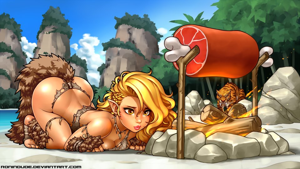 1girl arm_warmers armlet blonde_hair boned_meat breasts campfire cave_elf_(ronindude) cleavage cloud cooking elf food forest long_hair meat nature original pointy_ears rock ronindude sabertooth_cat sky tail tiger tribal water yellow_eyes