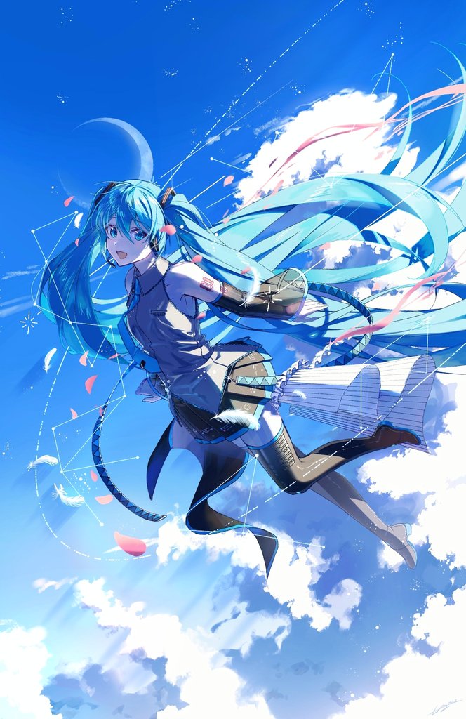 1girl absurdly_long_hair aqua_eyes aqua_hair aqua_necktie bare_shoulders black_skirt black_sleeves black_thighhighs cloud commentary crescent_moon detached_sleeves falling_petals feathers floating_hair from_side full_body geometry grey_shirt hair_ornament hatsune_miku headphones headset long_hair looking_at_viewer midair miniskirt moon natsusankinka07 necktie open_mouth petals piano_print pleated_skirt see-through see-through_sleeves shirt shoulder_tattoo skirt sky sleeveless sleeveless_shirt smile solo star_(sky) tattoo thighhighs twintails very_long_hair vocaloid white_feathers zettai_ryouiki