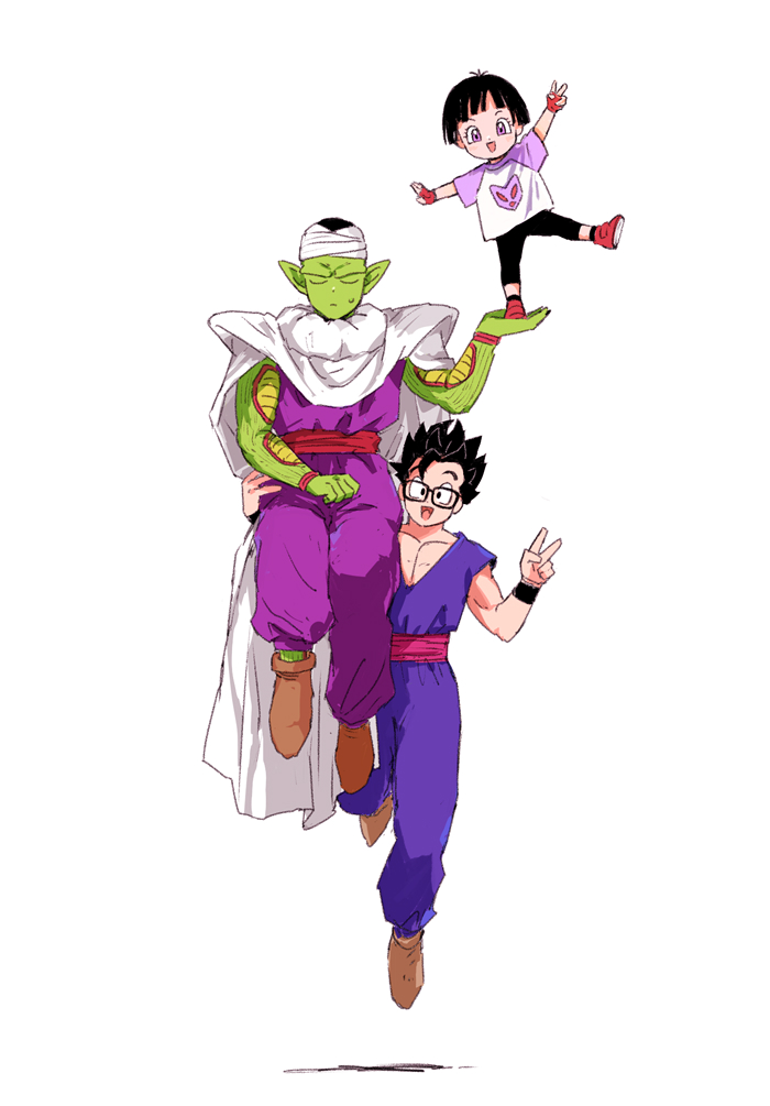 1girl 2boys :d arms_up black-framed_eyewear black_eyes black_hair black_pants black_wristband blunt_bangs blush boots brown_footwear cape carrying child closed_eyes closed_mouth commentary_request dougi dragon_ball dragon_ball_super dragon_ball_super_super_hero eyelashes father_and_daughter fingerless_gloves glasses gloves hand_up hands_up looking_at_viewer multiple_boys namekian no_eyebrows open_mouth pan_(dragon_ball) pants pectorals piccolo pny_panya pointy_ears purple_eyes purple_pants rectangular_eyewear red_footwear red_gloves red_sash sash shirt shoes short_hair short_sleeves shoulder_pads simple_background smile son_gohan spiked_hair standing_on_another's_hand sweatdrop t-shirt turban v v-shaped_eyebrows white_background white_cape wristband