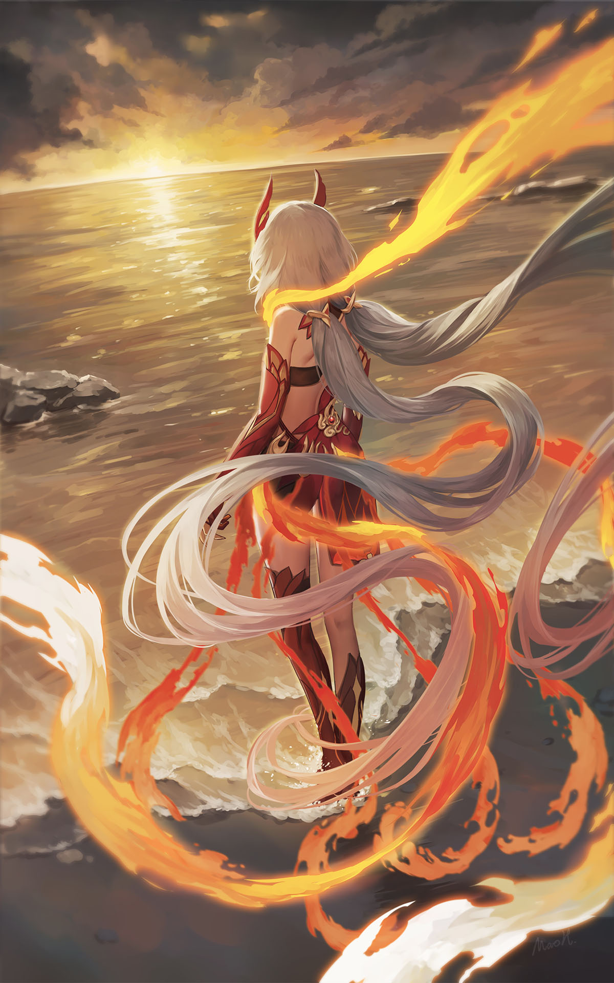 1girl absurdly_long_hair animal_hands animal_legs back bare_shoulders beach black_shorts black_sports_bra chinese_clothes claws detached_sleeves elbow_gloves feathers fire from_behind fu_hua fu_hua_(garuda) gloves hair_between_eyes highres honkai_(series) honkai_impact_3rd long_hair low-tied_long_hair low_twintails maoh_yueer multicolored_hair ocean red_gloves red_hair red_rope rock rope shorts solo sports_bra sportswear streaked_hair sunlight tail twintails two-tone_hair very_long_hair white_hair