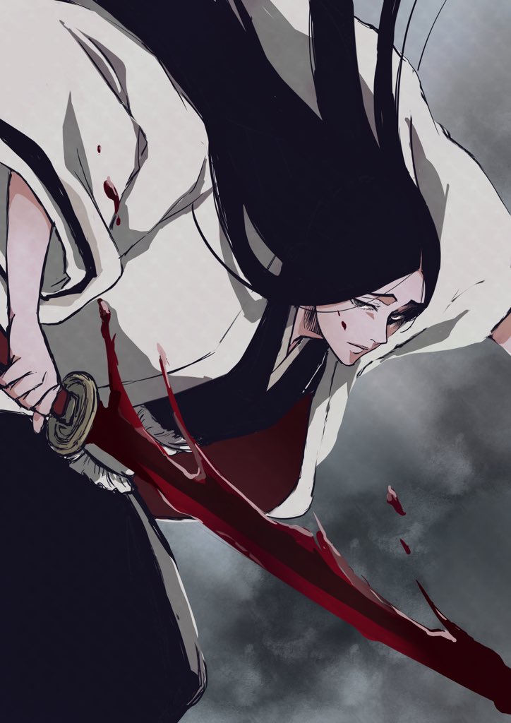 1girl anno_im black_hair bleach blood commentary_request cowboy_shot grey_background haori holding holding_sword holding_weapon japanese_clothes kimono long_hair solo sword unohana_retsu weapon