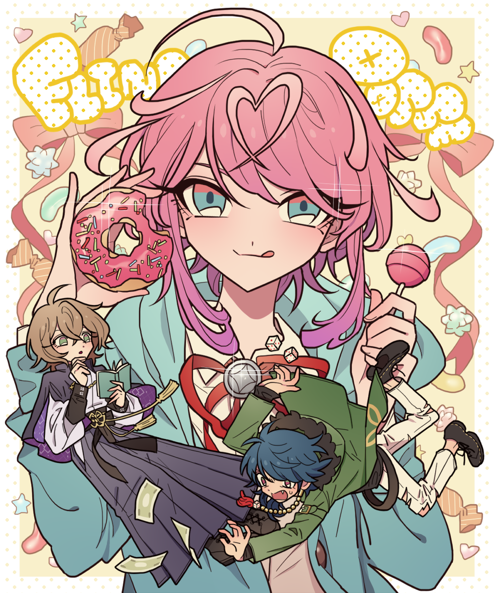 3boys ahoge amemura_ramuda androgynous arisugawa_dice banknote blue_eyes blue_hair book brown_hair candy closed_mouth commentary_request doughnut falling fling_posse food full_body green_eyes green_jacket hair_between_eyes hakama hand_on_own_chin hand_up holding holding_book holding_candy holding_food holding_lollipop hypnosis_mic jacket japanese_clothes jelly_bean konpeitou lollipop long_sleeves looking_at_viewer male_focus meremero money multiple_boys open_mouth pants pink_hair reaching shirt short_hair smile solo_focus tongue tongue_out torn_clothes torn_pants upper_body white_pants white_shirt yellow_background yumeno_gentaro