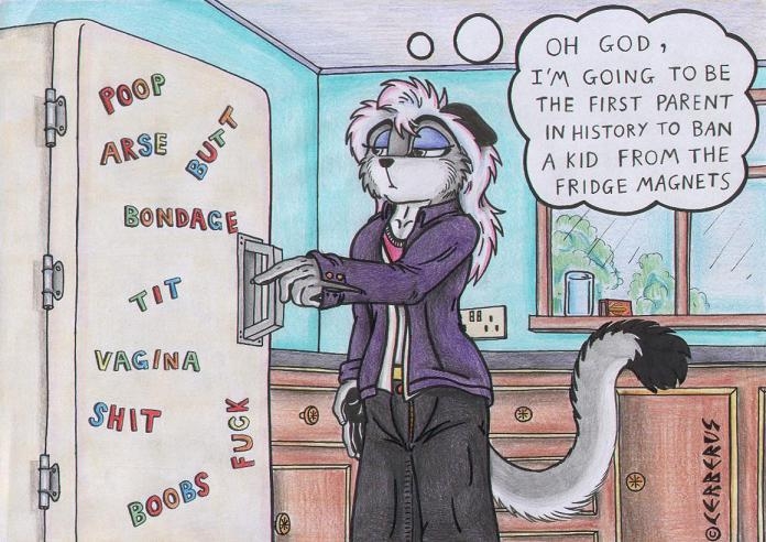 anthro appliance bottomwear cerberus_(artist) clothed clothing comic explicit_text felid feline female fridge fur humor inside jacket kitchen kitchen_appliance mammal not_big_and_not_clever pants snow_(character) solo tirrel topwear white_body white_fur