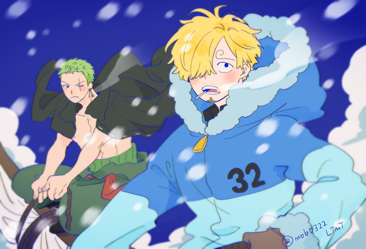 2boys blonde_hair blush breath cigarette coat cold curly_eyebrows facial_hair green_hair hair_over_one_eye holding male_focus mob0322 multiple_boys one_piece open_mouth pants roronoa_zoro sanji_(one_piece) scar short_hair smoking snow snowing winter winter_clothes winter_coat