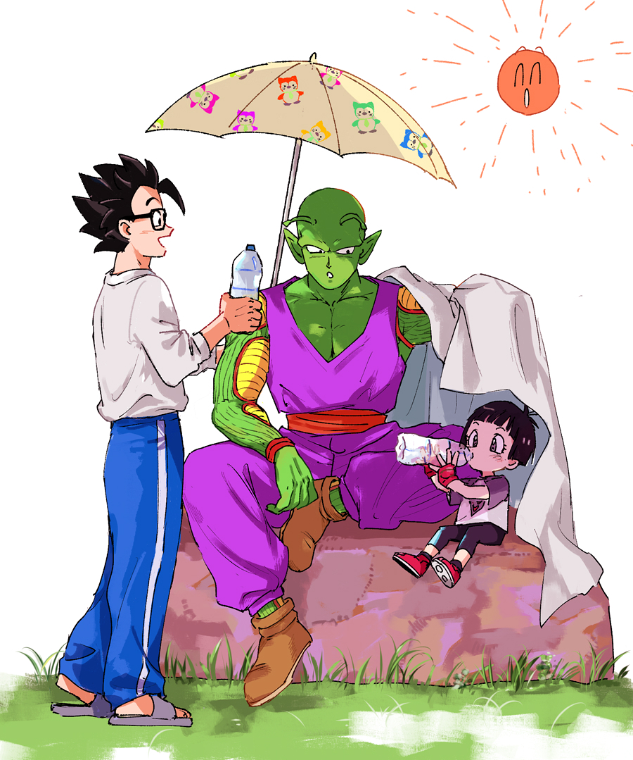 1girl 2boys :d antenna_hair black-framed_eyewear black_hair black_pants blanket blue_pants blunt_bangs blush boots bottle brown_footwear child collarbone commentary_request dougi dragon_ball dragon_ball_super dragon_ball_super_super_hero drinking eyelashes father_and_daughter fingerless_gloves glasses gloves grass grey_footwear hand_up hands_up holding holding_bottle long_sleeves looking_at_another multiple_boys namekian no_eyebrows open_mouth pan_(dragon_ball) pants parasol parted_lips pectorals piccolo pny_panya pointy_ears profile purple_pants red_footwear red_gloves red_sash rock sandals sash shirt shirt_tucked_in short_hair short_sleeves simple_background sitting smile son_gohan spiked_hair standing sun t-shirt umbrella water_bottle white_background white_shirt