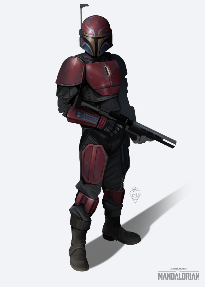 1boy armor boots breastplate brown_footwear copyright_name emreyasardesign full_body gun helmet holding holding_gun holding_weapon mandalorian mandalorian_armor mandalorian_helmet pauldrons shoulder_armor signature simple_background solo standing star_wars the_mandalorian vambraces weapon weapon_request white_background