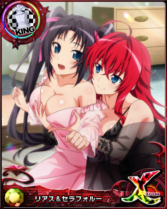 2girls ahoge black_hair blue_eyes breasts card_(medium) chess_piece cleavage collarbone from_behind grabbing grabbing_another's_breast grabbing_from_behind hair_between_eyes high_school_dxd high_school_dxd_cross king_(chess) large_breasts long_hair multiple_girls official_art open_mouth red_hair rias_gremory see-through serafall_leviathan tongue twintails yuri