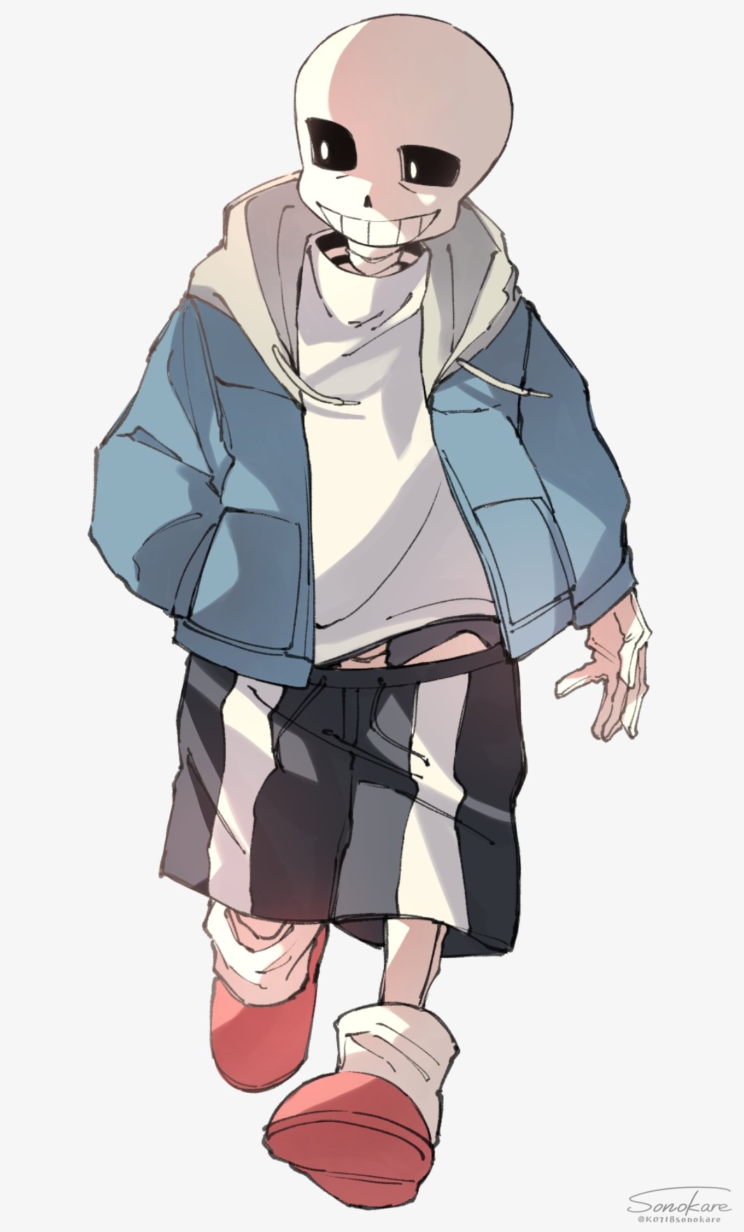 1boy artist_name black_sclera black_shorts blue_jacket colored_sclera commentary_request drawstring full_body grin hand_in_pocket highres hood hood_down hooded_jacket jacket looking_to_the_side male_focus red_footwear sans shirt shorts signature simple_background skeleton slippers smile socks solo sonokare undertale walking white_background white_eyes white_shirt white_socks