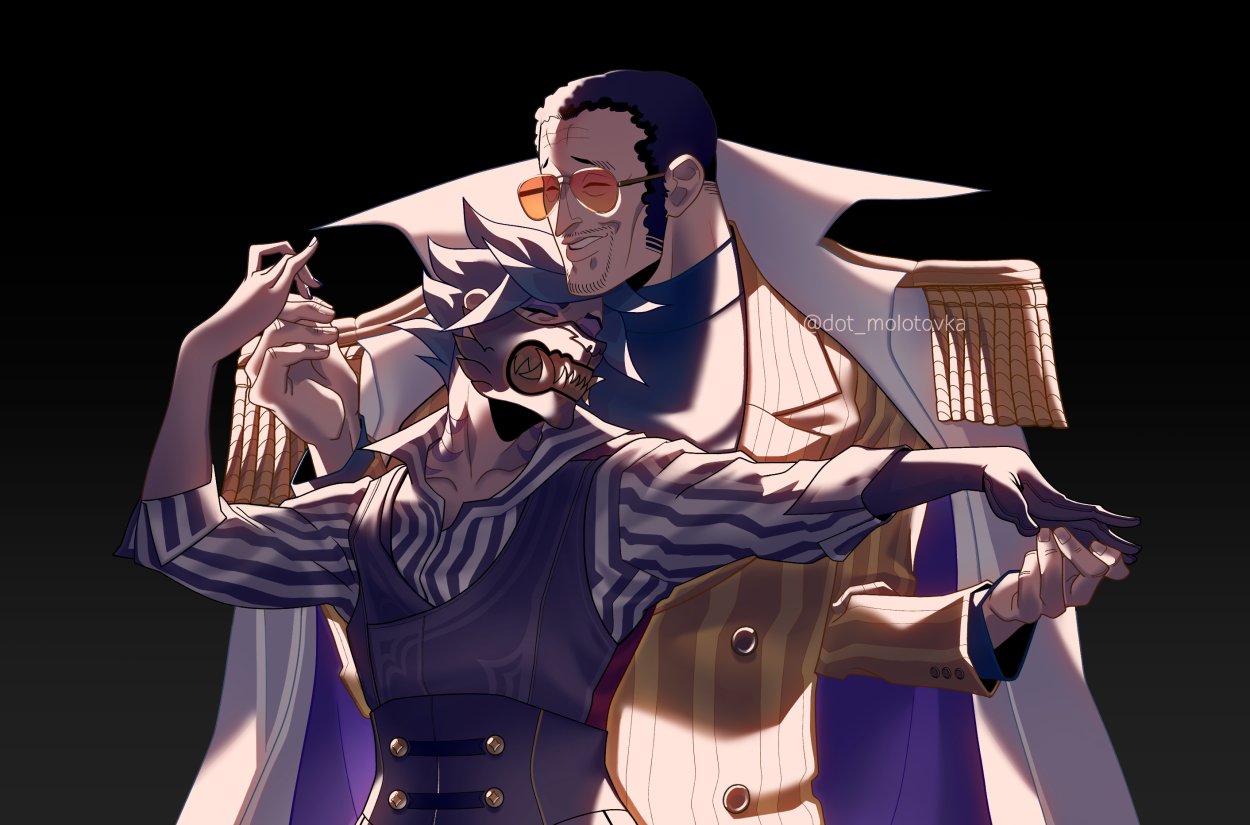 1boy 1girl black_hair borsalino_(kizaru) contrast couple dancing dot_molotovka heads_together height_difference hetero karla_(dot_molotovka) mature_male one_piece original short_hair smile suit sunglasses upper_body