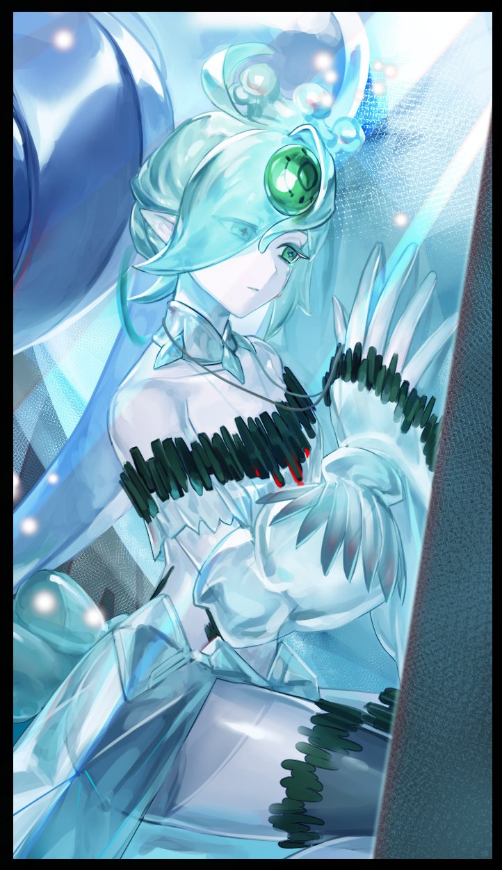 1girl ahoge black_border border crying crystal_hair detached_sleeves duel_monster forehead_jewel green_eyes highres ice icejade_aegirine icejade_gymir_aegirine pointy_ears tears_from_one_eye thighhighs translucent_hair translucent_skin vulture_(washizu0808) yu-gi-oh!