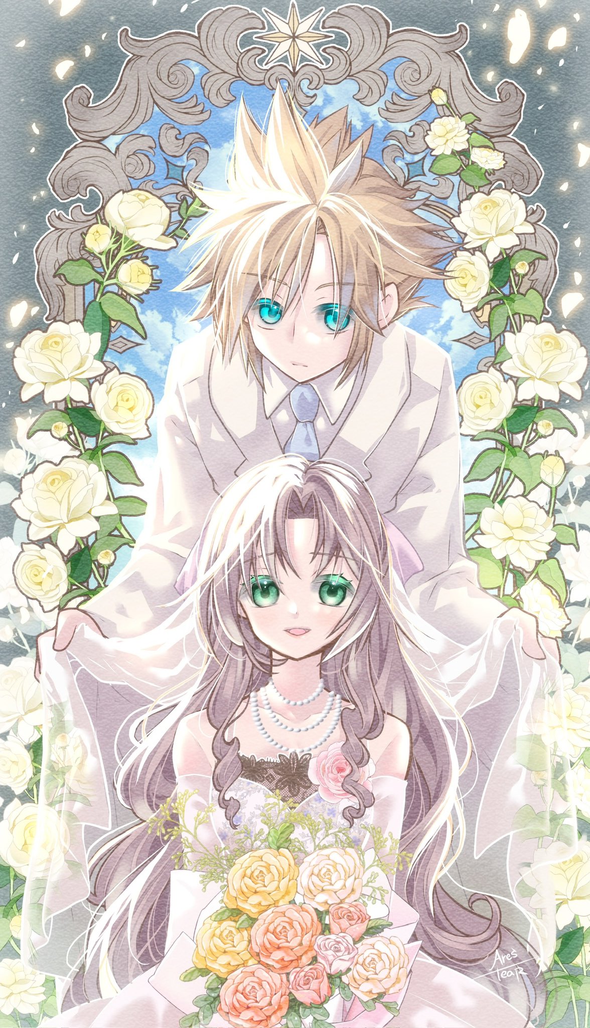 1boy 1girl aerith_gainsborough aqua_eyes arestear0701 artist_name bare_shoulders blonde_hair blue_necktie bouquet breasts bridal_veil bride brown_hair cloud_strife collared_shirt compass_rose couple detached_sleeves dress final_fantasy final_fantasy_vii final_fantasy_vii_remake flower green_eyes groom hair_between_eyes hair_ribbon hetero highres holding holding_bouquet husband_and_wife jacket jewelry long_hair long_sleeves looking_at_viewer medium_breasts necklace necktie parted_bangs parted_lips pearl_necklace pink_flower pink_ribbon pink_rose ribbon rose shirt short_hair sidelocks smile spiked_hair suit_jacket tuxedo upper_body veil wavy_hair wedding wedding_dress white_dress white_flower white_jacket white_rose white_shirt yellow_flower yellow_rose