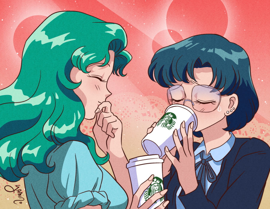 2girls bishoujo_senshi_sailor_moon black_hair black_jacket breasts closed_eyes coffee_cup commentary cup curly_hair disposable_cup earrings glasses green_hair holding holding_cup jacket jewelry kaiou_michiru medium_breasts medium_hair mizuno_ami multiple_earrings multiple_girls rimless_eyewear signature smile starbucks sweatdrop symbol-only_commentary yamino