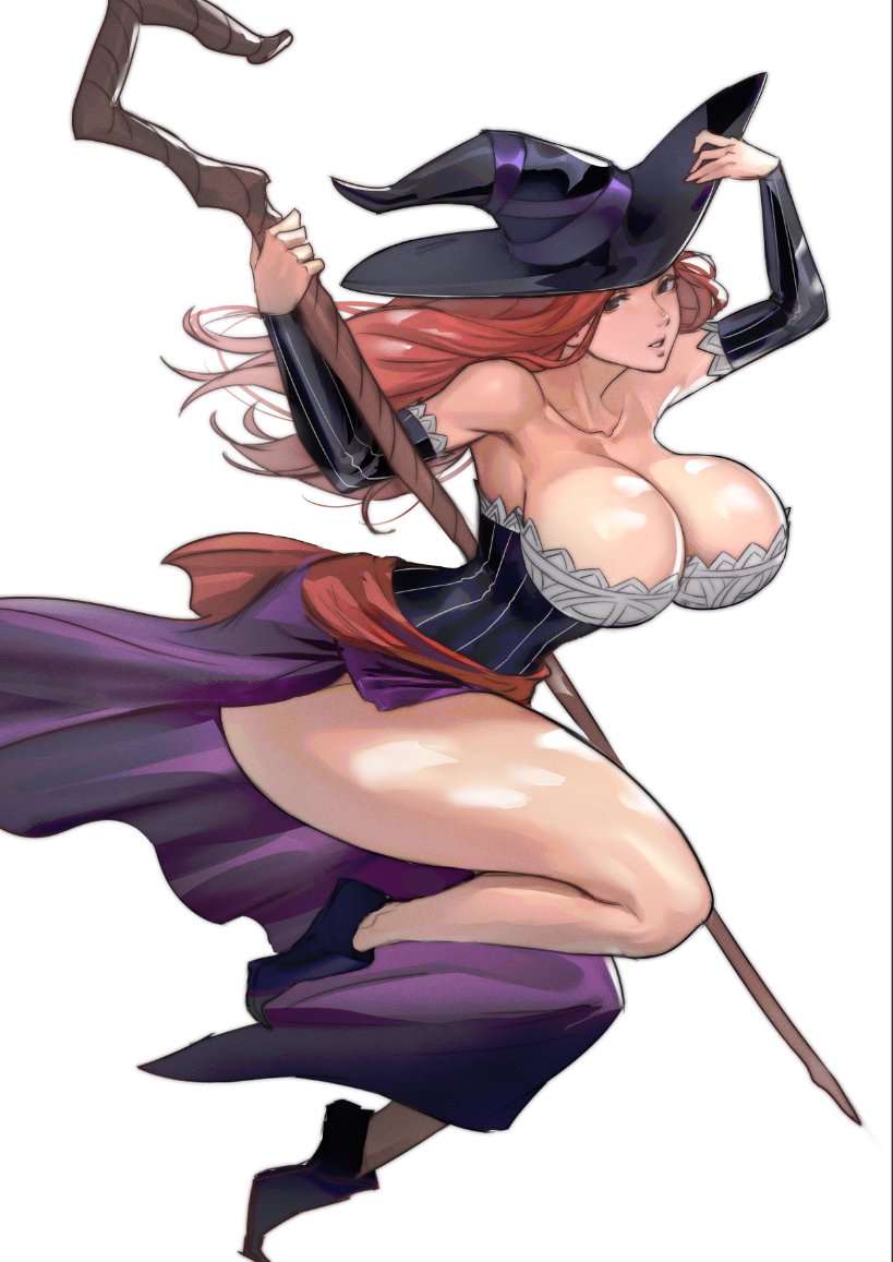 1girl black_corset black_eyes black_hair breasts cleavage corset dragon's_crown dress flying hat holding holding_clothes holding_hat juaag_acgy looking_at_viewer orange_hair purple_dress sorceress_(dragon's_crown) witch witch_hat wooden_staff
