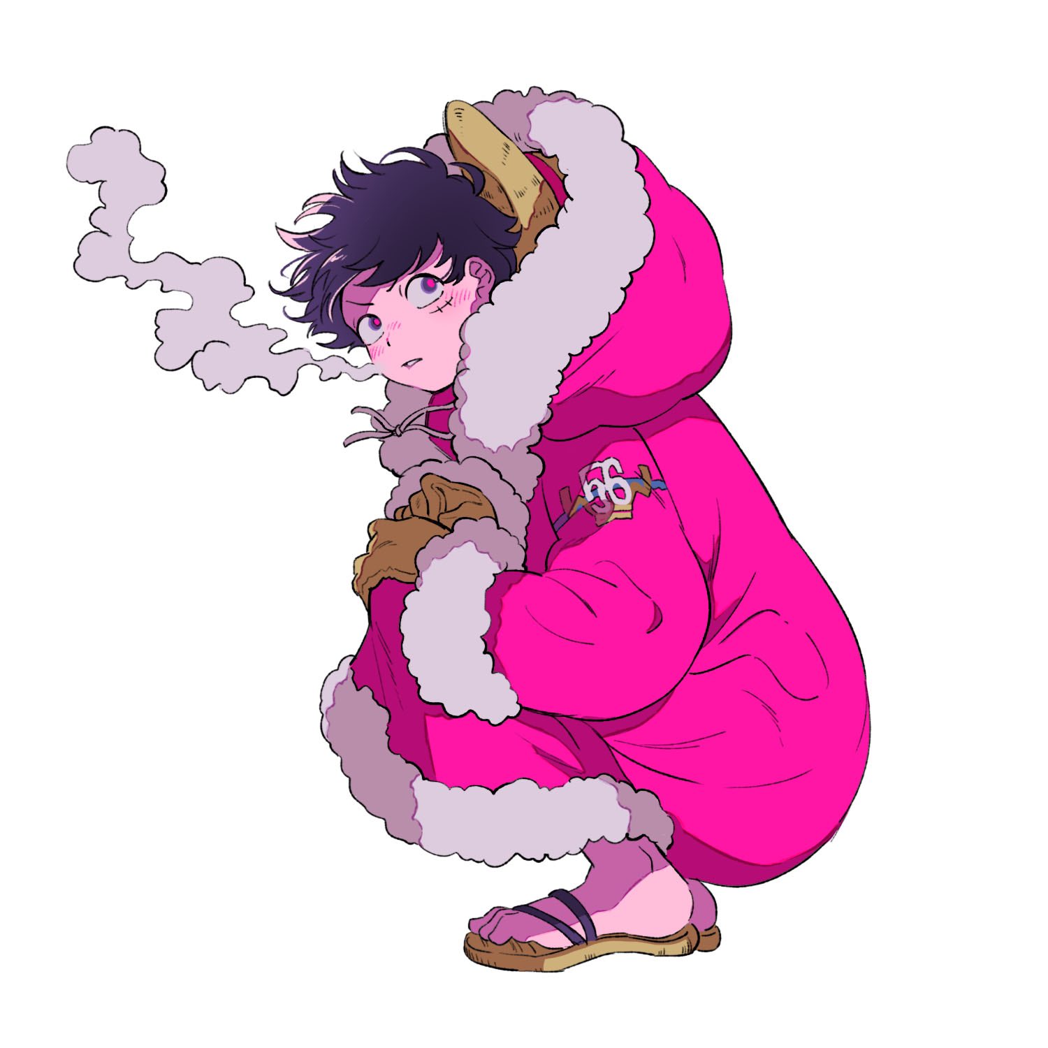 1boy 2t4r_0p black_hair breath coat cold full_body fur_coat gloves highres male_focus monkey_d._luffy one_piece red_coat scar scar_on_cheek scar_on_face winter_clothes winter_coat