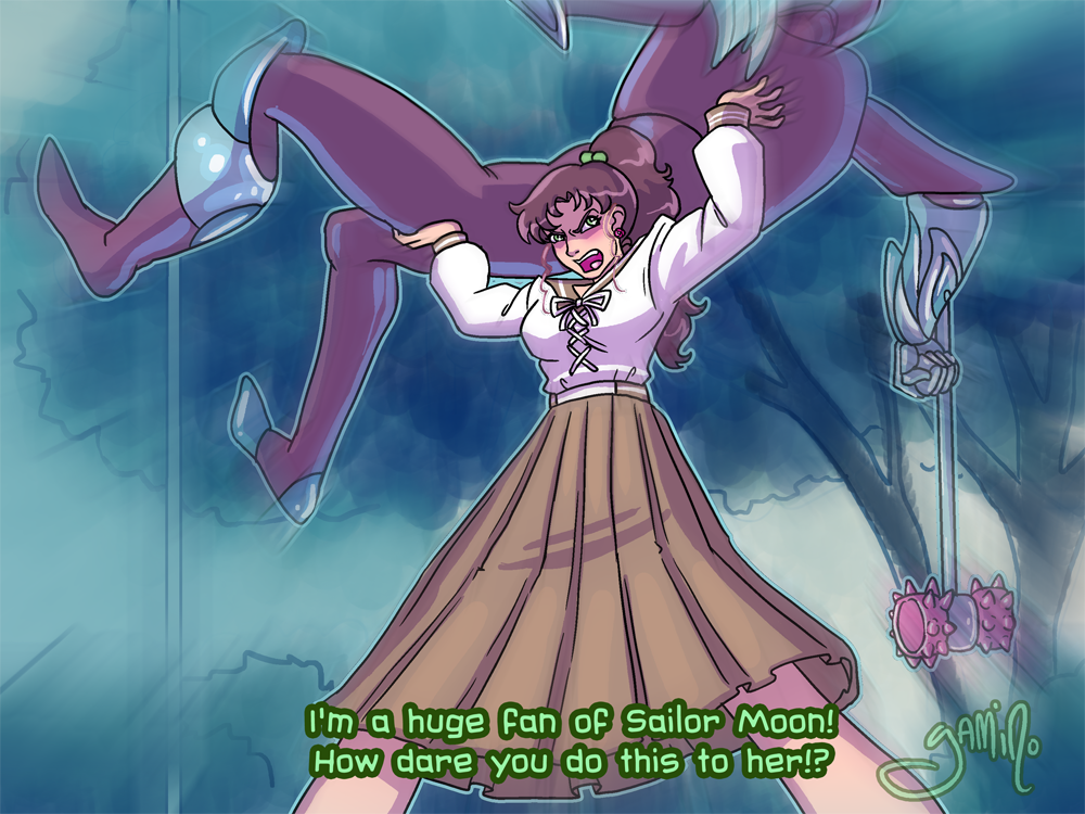 1girl 1other bishoujo_senshi_sailor_moon breasts brown_skirt carrying_overhead commentary derivative_work english_commentary english_text hair_bobbles hair_ornament high_ponytail kino_makoto long_skirt medium_breasts school_uniform screencap_redraw serafuku signature skirt tree yamino