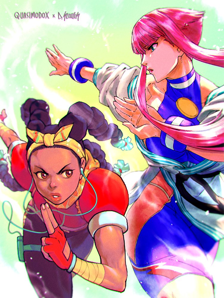 2girls aqua_hair battle belt black_belt black_hair black_pants blue_socks blue_unitard bow_hairband bracer breasts brown_eyes brown_lips colored_tips commentary cropped_jacket dark_skin dodging dougi earbuds earphones english_commentary fighting fingerless_gloves forehead gloves green_eyes hairband halterneck hip_vent impossible_clothes kimberly_jackson kuji-in large_breasts long_hair martial_arts_belt medallion midriff multi-tied_hair multicolored_hair multiple_girls neckerchief ninja off_shoulder pants panty_straps pink_hair puffy_short_sleeves puffy_sleeves punching quad_braids quasimodox red_footwear running short_hair_with_long_locks short_sleeves skin_tight small_breasts smartwatch socks street_fighter street_fighter_6 toeless_legwear toned unitard very_dark_skin walkman watch wristwatch yellow_hairband yellow_neckerchief yoga_pants