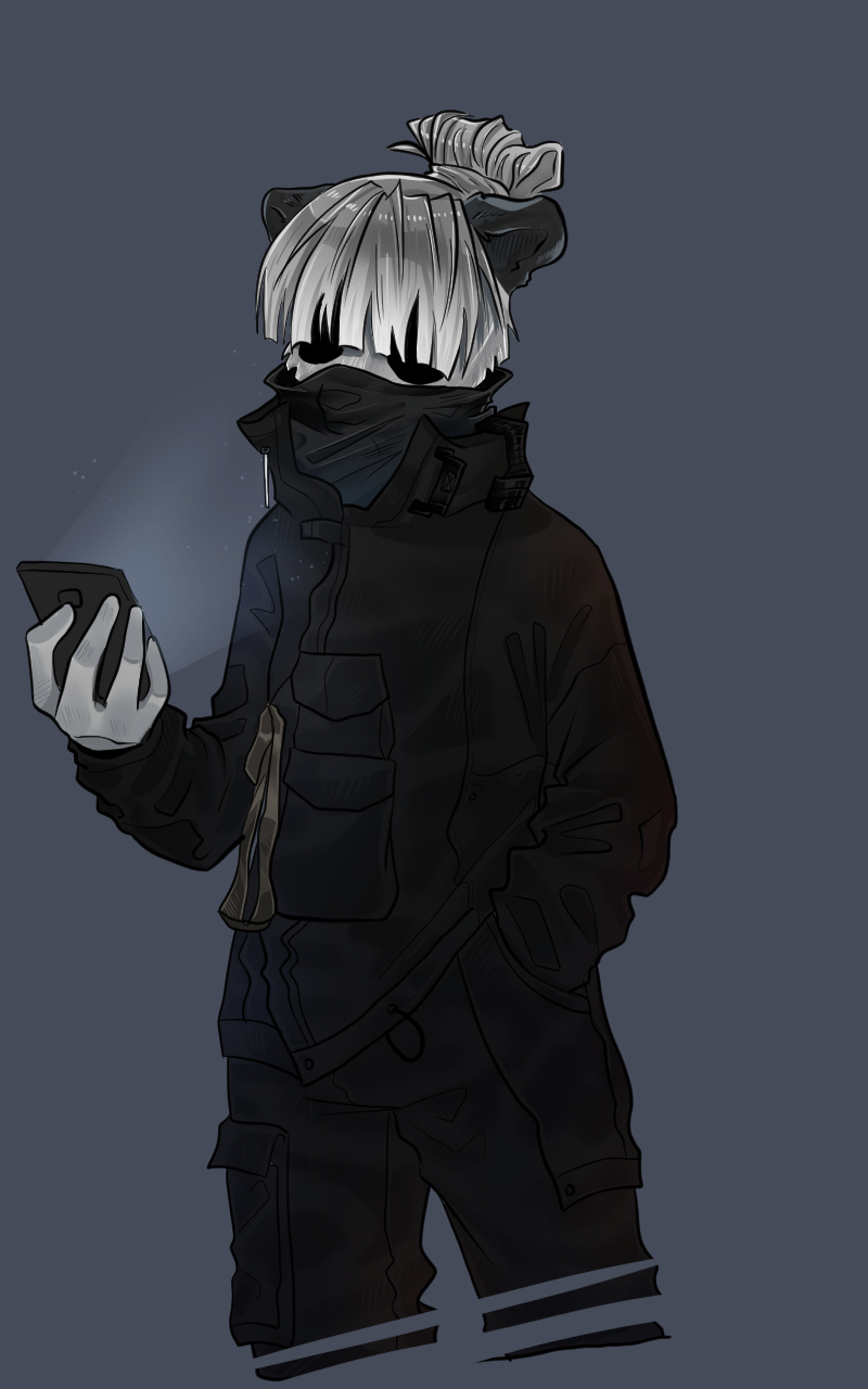 acrnm aimi_(sleepysushiroll) anonymous_artist anthro bear electronics fashion giant_panda hi_res looking_at_object looking_at_phone male mammal phone pose solo techwear