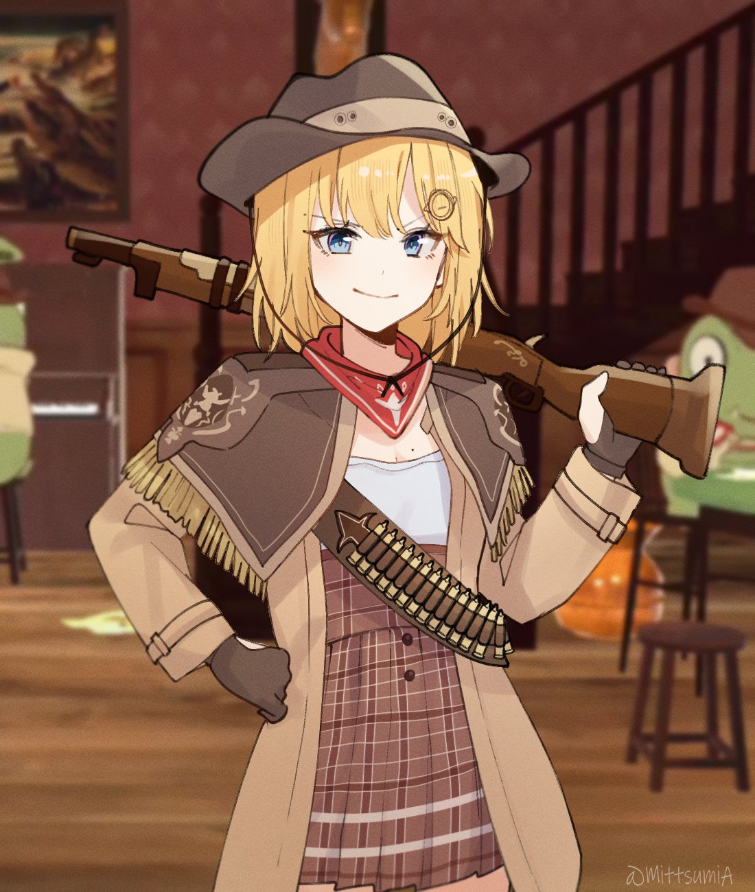 bandolier blonde_hair blue_eyes blurry bowler_hat breasts brown_coat brown_gloves capelet cleavage coat commentary cowboy_hat cowboy_shot depth_of_field english_commentary fringe_trim gloves gun hair_ornament hand_on_own_hip hat high-waist_skirt highres holding holding_weapon hololive hololive_english investigator_(amelia_watson) mittsu mole mole_on_breast monocle neckerchief over_shoulder painting_(object) partially_fingerless_gloves pleated_skirt red_neckerchief rifle rifle_cartridge saloon shirt signature skirt smile stairs stool tweed upright_piano watson_amelia weapon weapon_over_shoulder white_shirt wooden_floor