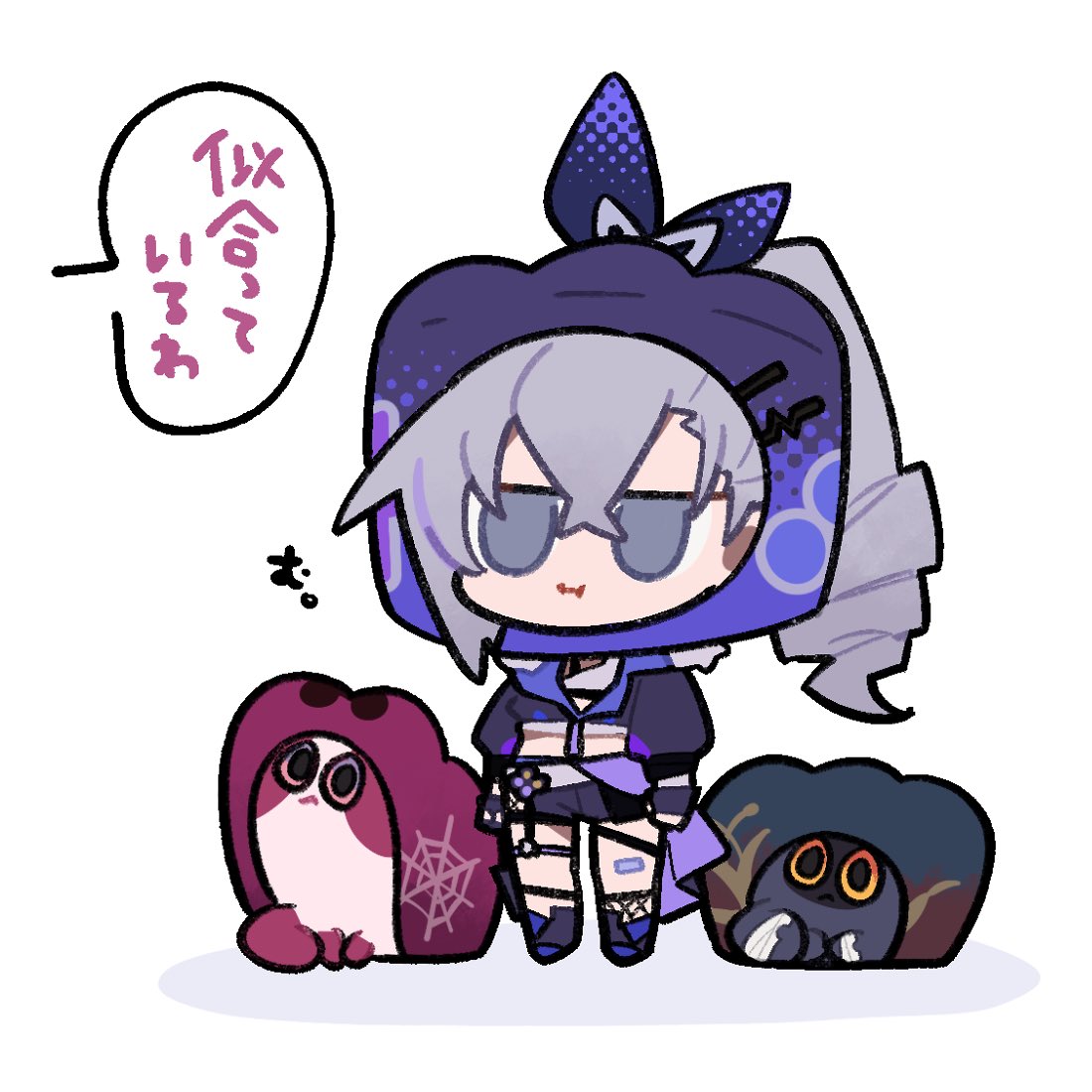 1girl :&lt; :i animalization arms_at_sides bandaged_arm bandaged_tail bandages black_footwear black_gloves black_jacket black_shorts blade_(sesame_cake)_(honkai:_star_rail) boots bow cat commentary_request critter_pick_(honkai:_star_rail) crossed_bangs drill_hair drill_ponytail fingerless_gloves fishnets full_body gloves grey_cat grey_eyes grey_hair hair_bow honkai:_star_rail honkai_(series) jacket kafka_(shader_cat)_(honkai:_star_rail) legs_apart no_nose orange_eyes pink_eyes puffy_short_sleeves puffy_sleeves purple_cat shigetake_(buroira) short_sleeves shorts silk silver_wolf_(honkai:_star_rail) simple_background single_sidelock solid_eyes speech_bubble spider_web standing sunglasses translation_request white_background