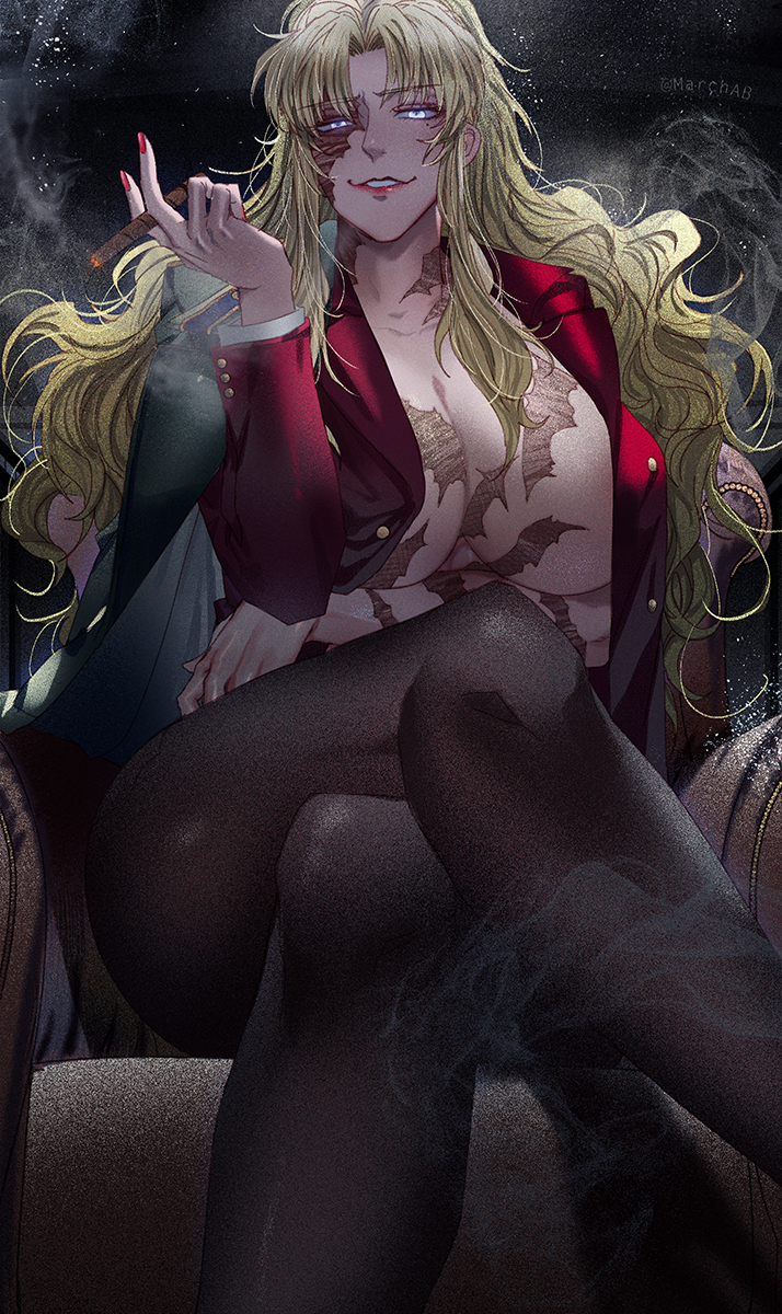 1girl balalaika_(black_lagoon) black_lagoon blonde_hair breast_hold breasts chair cigar cleavage commentary crossed_legs epaulettes eyebrows_behind_hair film_grain grey_eyes hand_up highres huge_breasts jacket jacket_on_shoulders lipstick long_hair long_sleeves looking_at_viewer makeup march_ab military_jacket no_bra open_clothes open_jacket pantyhose red_jacket scar scar_across_eye scar_on_chest scar_on_face sidelocks sitting smirk smoke solo