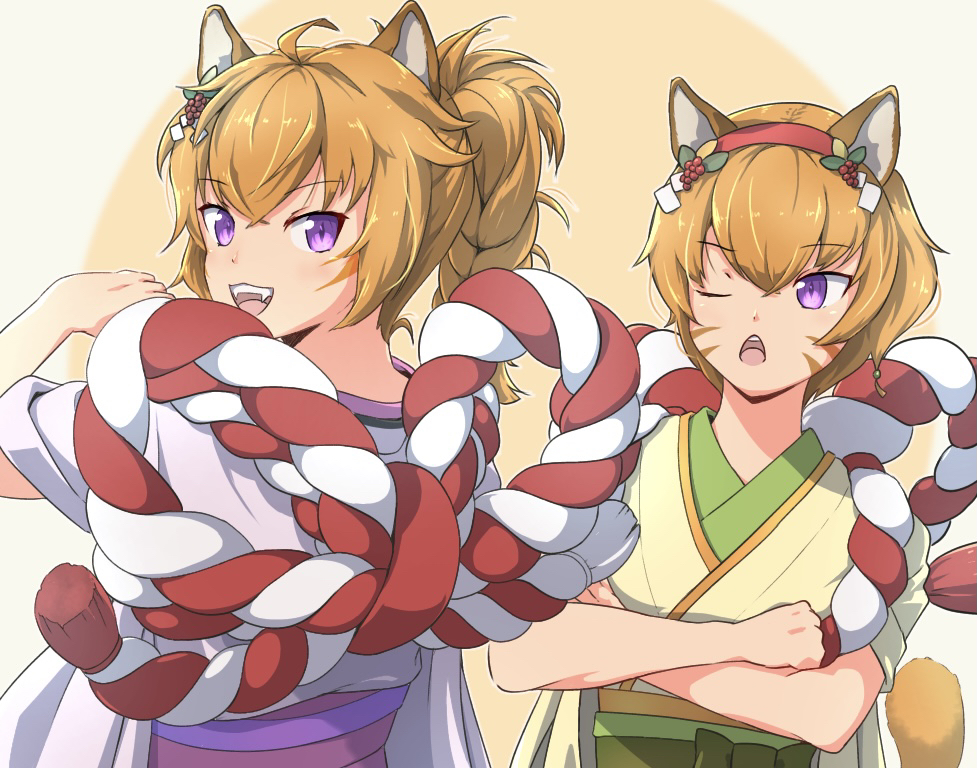 2girls :&lt; :3 ahoge animal_ears bangs bow braid braided_ponytail cat_ears cat_girl cat_tail commentary_request crossed_arms crossed_bangs facial_mark fangs fire_emblem fire_emblem_heroes from_behind green_bow green_kimono green_sash hair_between_eyes hair_ornament hairband hand_up japanese_clothes kimono layered_clothes layered_kimono lethe_(fire_emblem) looking_at_another looking_at_viewer looking_to_the_side lyre_(fire_emblem) medium_hair multiple_girls obi official_alternate_costume one_eye_closed open_mouth orange_hair orange_tail outline partial_commentary purple_eyes purple_kimono red_hairband rope rowan rowan_hair_ornament sash short_hair siblings sideways_glance simple_background single_braid sisters smile tail tail_raised teeth tekology two-tone_background upper_body upper_teeth whisker_markings white_background white_outline yellow_background