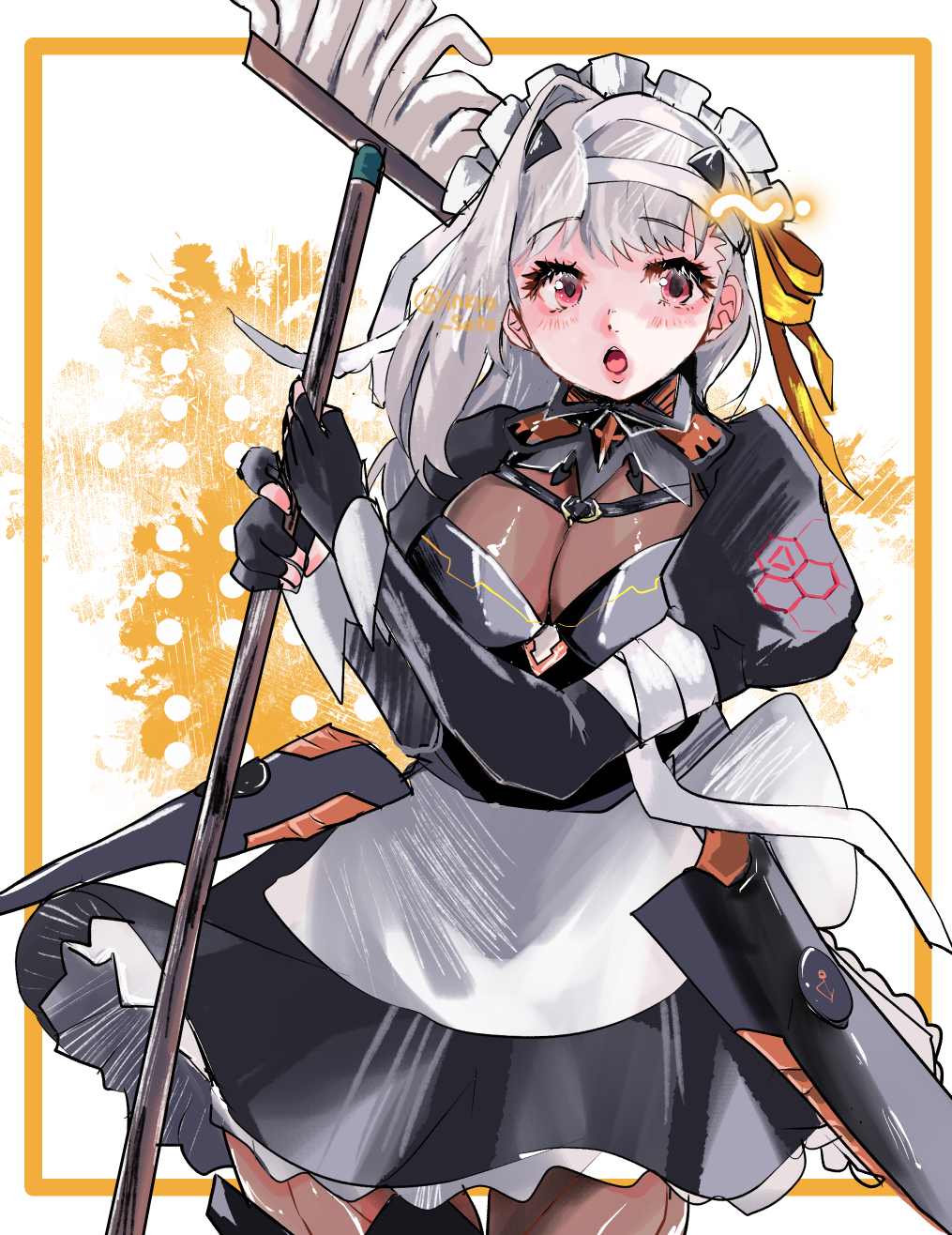 1girl alternate_costume apron armor bandaged_head bandages black_dress black_gloves blush breasts cleavage dress enmaided frilled_apron frills gloves goddess_of_victory:_nikke grey_hair hair_ribbon highres inkyo_sato large_breasts long_hair looking_at_viewer maid maid_apron maid_headdress modernia_(nikke) mop open_mouth puffy_sleeves red_eyes ribbon see-through see-through_cleavage solo waist_apron white_apron yellow_ribbon