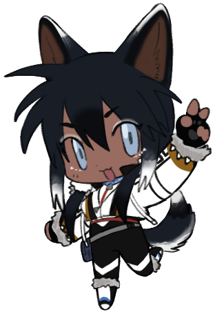 1girl :3 animal_ears animal_hands black_gloves black_hair black_pants blue_eyes boots chest_harness chibi colored_tips cropped_jacket dark-skinned_female dark_skin dog_ears dog_girl dog_tail fingerless_gloves full_body fur-trimmed_footwear fur-trimmed_jacket fur-trimmed_sleeves fur_trim gloves hair_between_eyes hand_up harness husky jacket lapithai long_sleeves looking_at_viewer lowres multicolored_hair no_sclera open_mouth original pants paw_gloves sidelocks simple_background solo standing standing_on_one_leg tail transparent_background v white_footwear white_hair white_jacket