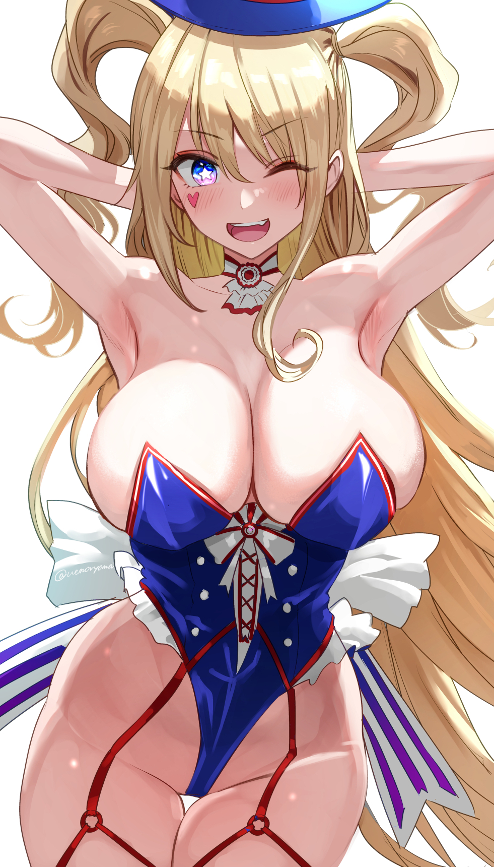 1girl armpits arms_behind_head azur_lane bare_shoulders blonde_hair blue_headwear blue_leotard breasts cleavage commentary cowboy_shot groin guam_(azur_lane) guam_(stage-setting_charmer)_(azur_lane) hat heart highleg highleg_leotard highres large_breasts leotard long_hair looking_at_viewer official_alternate_costume open_mouth simple_background skindentation solo strapless strapless_leotard symbol-shaped_pupils teeth thigh_gap thighs two_side_up uenoryoma upper_teeth_only very_long_hair white_background
