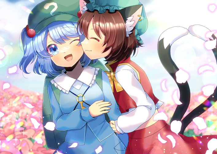 2girls ;d animal_ears backpack bag blue_eyes blue_hair blue_shirt blue_skirt blue_sky blurry blurry_background bow cabbie_hat cat_ears cat_girl cat_tail chen closed_mouth cloud cloudy_sky collared_shirt commentary_request day depth_of_field field flower flower_field frilled_headwear frilled_shirt_collar frills green_headwear hair_bobbles hair_ornament hat kawashiro_nitori key kou_hiyoyo long_sleeves mob_cap multiple_girls multiple_tails one_eye_closed outdoors petals pink_flower puffy_long_sleeves puffy_sleeves red_skirt red_vest shirt skirt sky smile tail touhou two_side_up two_tails vest white_shirt yellow_bow yuri