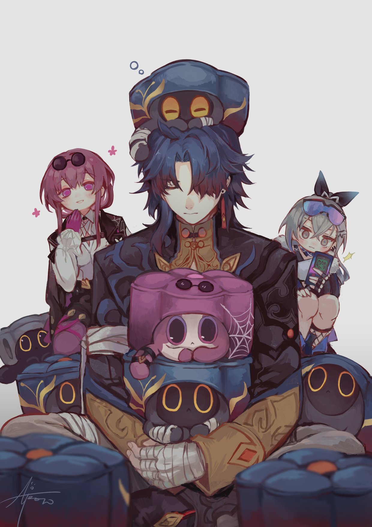 1boy 2girls :&lt; animal_on_head bandaged_arm bandaged_hand bandaged_tail bandages black_bow black_cat black_coat black_jacket blade_(honkai:_star_rail) blade_(sesame_cake)_(honkai:_star_rail) blue_hair blush bow cat closed_eyes closed_mouth coat collared_shirt critter_pick_(honkai:_star_rail) crossed_bangs earrings expressionless eyewear_on_head fingerless_gloves fishnets frilled_sleeves frills gensou_aporo gloves grey_eyes grey_hair grin hair_bow hair_over_one_eye hand_on_own_knee high_collar highres holding holding_phone honkai:_star_rail honkai_(series) jacket jewelry kafka_(honkai:_star_rail) kafka_(shader_cat)_(honkai:_star_rail) lapels long_hair long_sleeves mandarin_collar multiple_girls nostrils on_head one_eye_covered orange_eyes pantyhose phone pince-nez pink_eyes print_coat purple_cat purple_eyes purple_hair shirt sidelocks signature silk silver_wolf_(honkai:_star_rail) simple_background sleeping sleeve_cuffs smile spider_web spider_web_print star_(symbol) sunglasses tail_strap too_many too_many_cats trailblazer_(trash_cake)_(honkai:_star_rail) upper_body white_background white_shirt