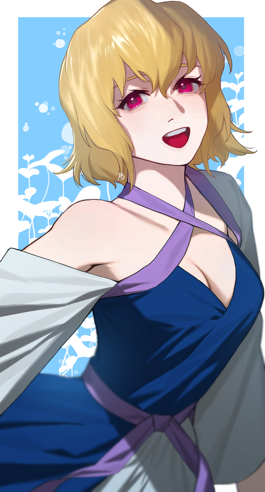 1girl arm_at_side artist_logo blonde_hair blue_background blue_dress border breasts cleavage clothing_cutout commentary_request criss-cross_halter dress floral_background gundam gundam_seed gundam_seed_destiny hair_between_eyes halterneck highres long_sleeves looking_at_viewer medium_breasts open_mouth outside_border outstretched_arm pink_eyes purple_sash sash short_hair shoulder_cutout single_bare_shoulder smile solo stellar_loussier teeth upper_body upper_teeth_only ususio_11 white_border