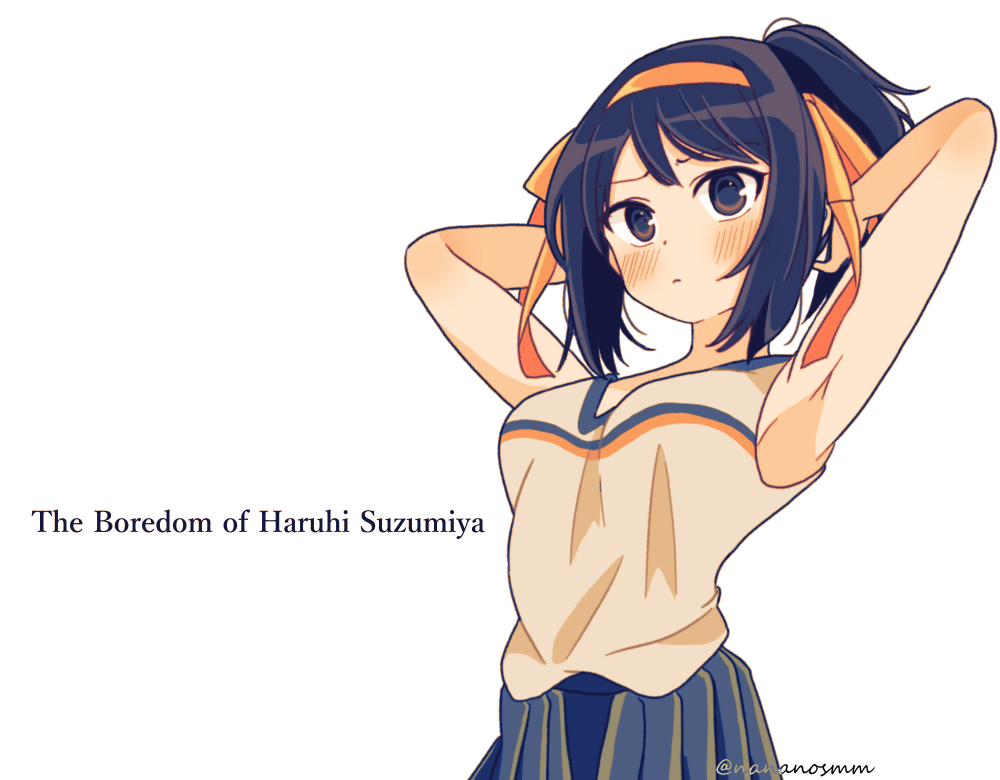 1girl armpits arms_up black_eyes black_hair blue_skirt blush character_name cheerleader closed_mouth commentary_request copyright_name hair_ribbon hairband nananosmm official_alternate_costume official_alternate_hairstyle ponytail ribbon shirt skirt sleeveless sleeveless_shirt solo suzumiya_haruhi suzumiya_haruhi_no_yuuutsu white_shirt yellow_hairband yellow_ribbon