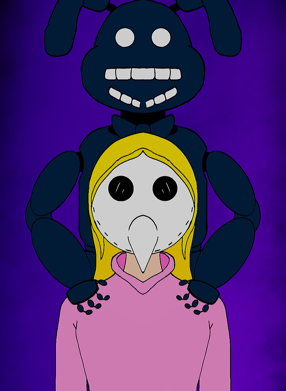 age_difference animatronic anuvisur_(artist) blonde_hair clothed clothing duo female five_nights_at_freddy's five_nights_at_freddy's_2 hair hi_res human humanoid lagomorph leporid looking_at_viewer machine male mammal mask not_furry rabbit robot scottgames shadow_bonnie_(fnaf) shadow_creature size_difference smaller_female teeth video_games younger_female