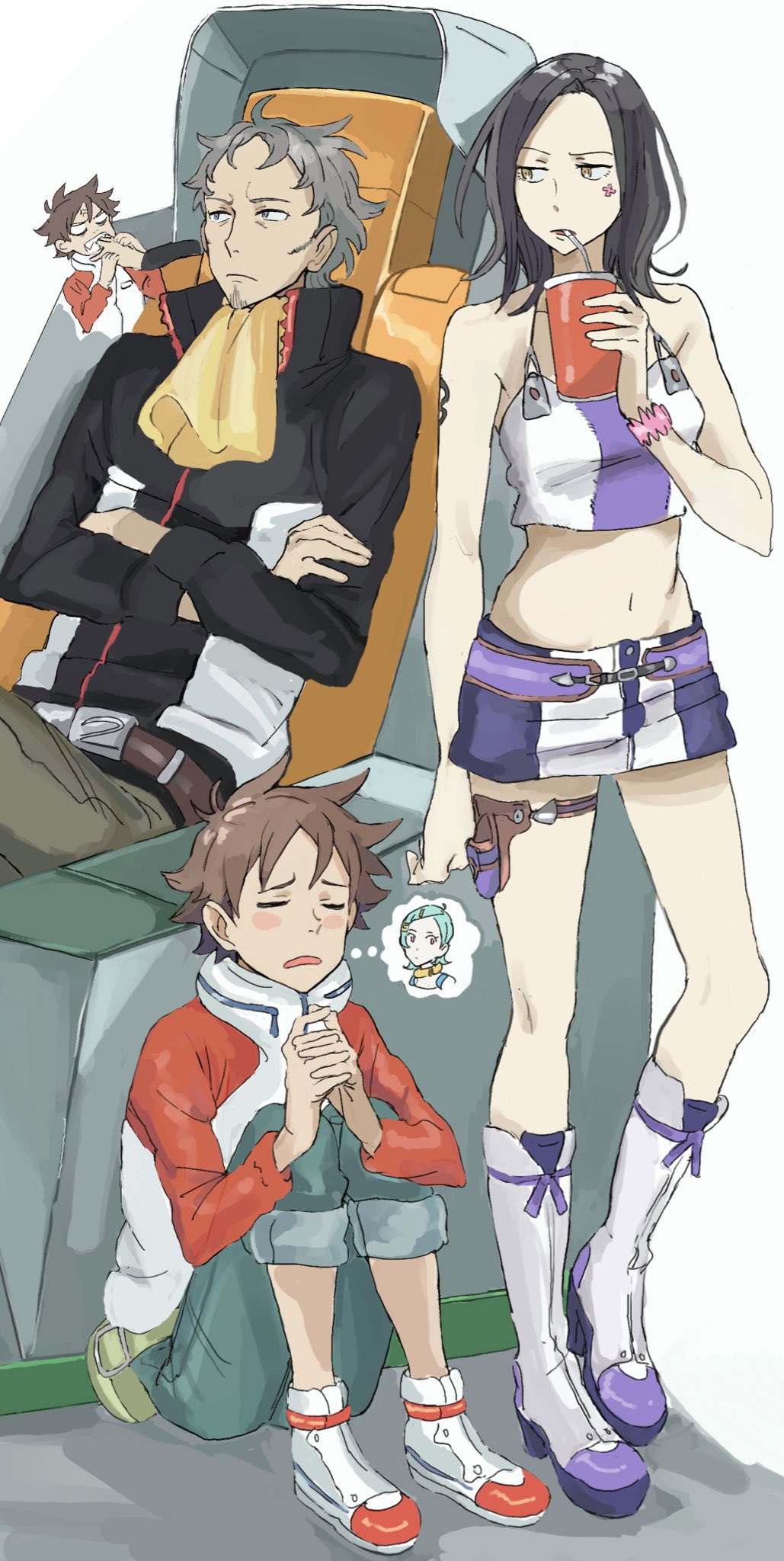 2boys 2girls annoyed ascot bare_shoulders belt belt_buckle belt_pouch black_jacket blue_pants blush_stickers boots brown_belt brown_hair brown_pants buckle closed_eyes closed_mouth crop_top crossed_arms cup disposable_cup eureka_(eureka_seven) eureka_seven eureka_seven_(series) facial_hair goatee grey_eyes grey_hair high_collar highres holding holding_cup holland_novak holster interlocked_fingers jacket knees_up long_sleeves looking_to_the_side medium_hair midriff miniskirt multiple_boys multiple_girls navel own_hands_together pants pants_rolled_up parted_lips pilot_chair pouch renton_thurston rueisi_(namezari) shirt shoes short_hair simple_background sitting skirt sleeveless sleeveless_shirt sneakers spoken_character standing talho_yuuki thigh_holster thigh_strap thought_bubble white_background white_footwear white_jacket yellow_ascot yellow_eyes