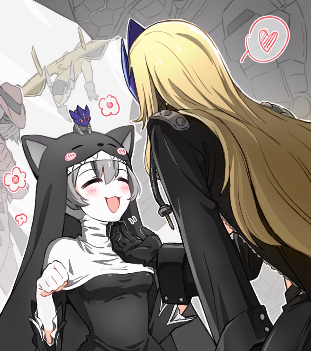 2girls :3 animal_ears beelstarmon black_coat blush cat_ears closed_eyes coat digimon digimon_card_game digua92537359 eye_mask from_behind grey_hair gundramon habit heart long_hair magnakidmon multiple_girls nun paw_pose scratching scratching_chin sistermon_noir sparrowmon