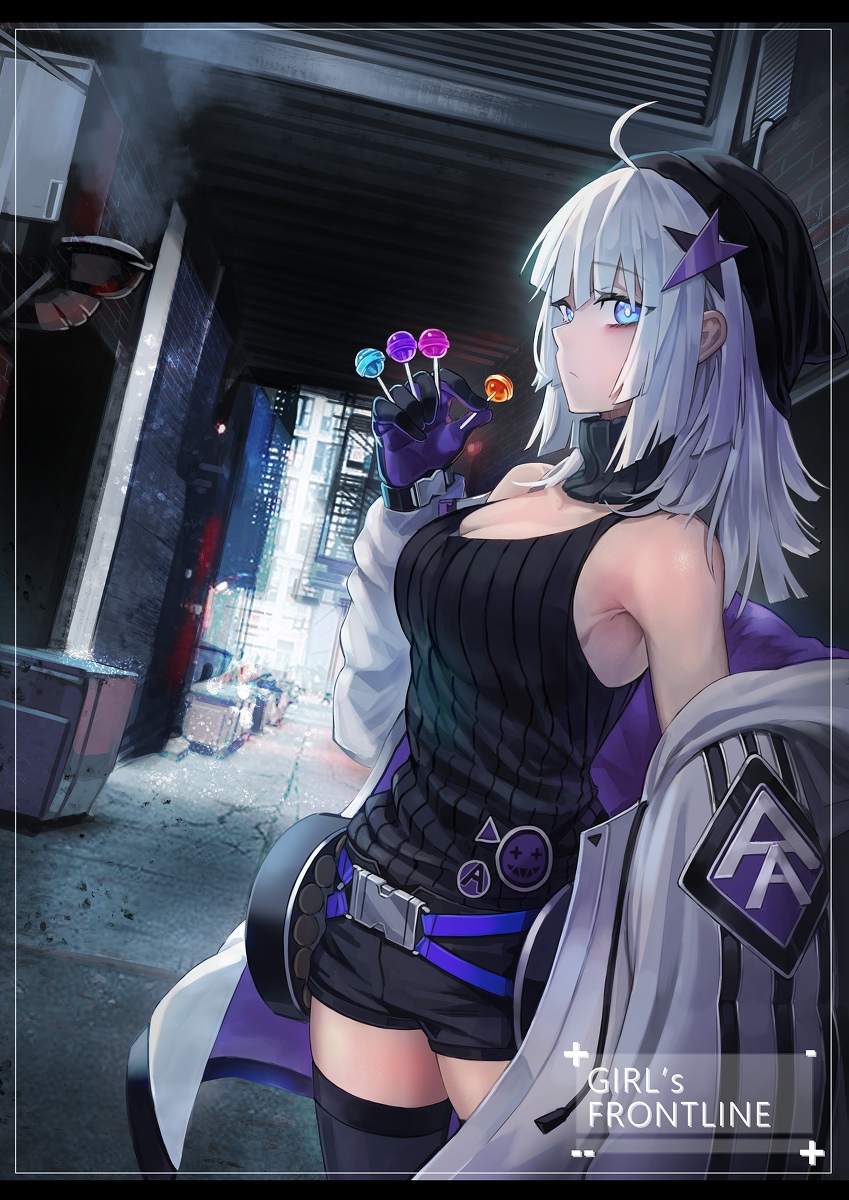 1girl aa-12_(girls'_frontline) ahoge bad_id bad_pixiv_id black_gloves black_headwear black_shorts black_tank_top black_thighhighs blue_eyes breasts candy cleavage expressionless food girls'_frontline gloves hair_ornament hat highres holding holding_candy holding_food holding_lollipop jacket lollipop looking_at_viewer magazine_(weapon) medium_hair multicolored_clothes multicolored_jacket nlitz off_shoulder open_clothes open_jacket purple_gloves purple_jacket shorts sideways_glance solo star_(symbol) star_hair_ornament tank_top thighhighs turtleneck two-tone_jacket white_hair white_jacket
