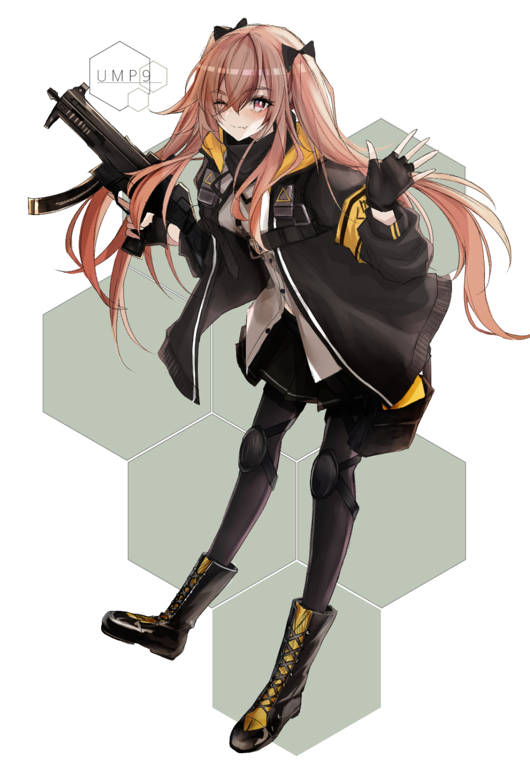 armband backpack bag black_bow black_gloves black_pantyhose black_scarf black_skirt boots bow breasts character_name cross-laced_footwear dress_shirt fingerless_gloves girls'_frontline gloves gun hair_bow hexagon highres holding holding_gun holding_weapon hood hooded_jacket jacket knee_pads lace-up_boots leaning_forward light_blush light_smile liu_liu long_hair medium_breasts one_eye_closed open_clothes open_jacket orange_eyes orange_hair pantyhose scarf shirt skirt ump9_(girls'_frontline) weapon white_background white_shirt yellow_armband