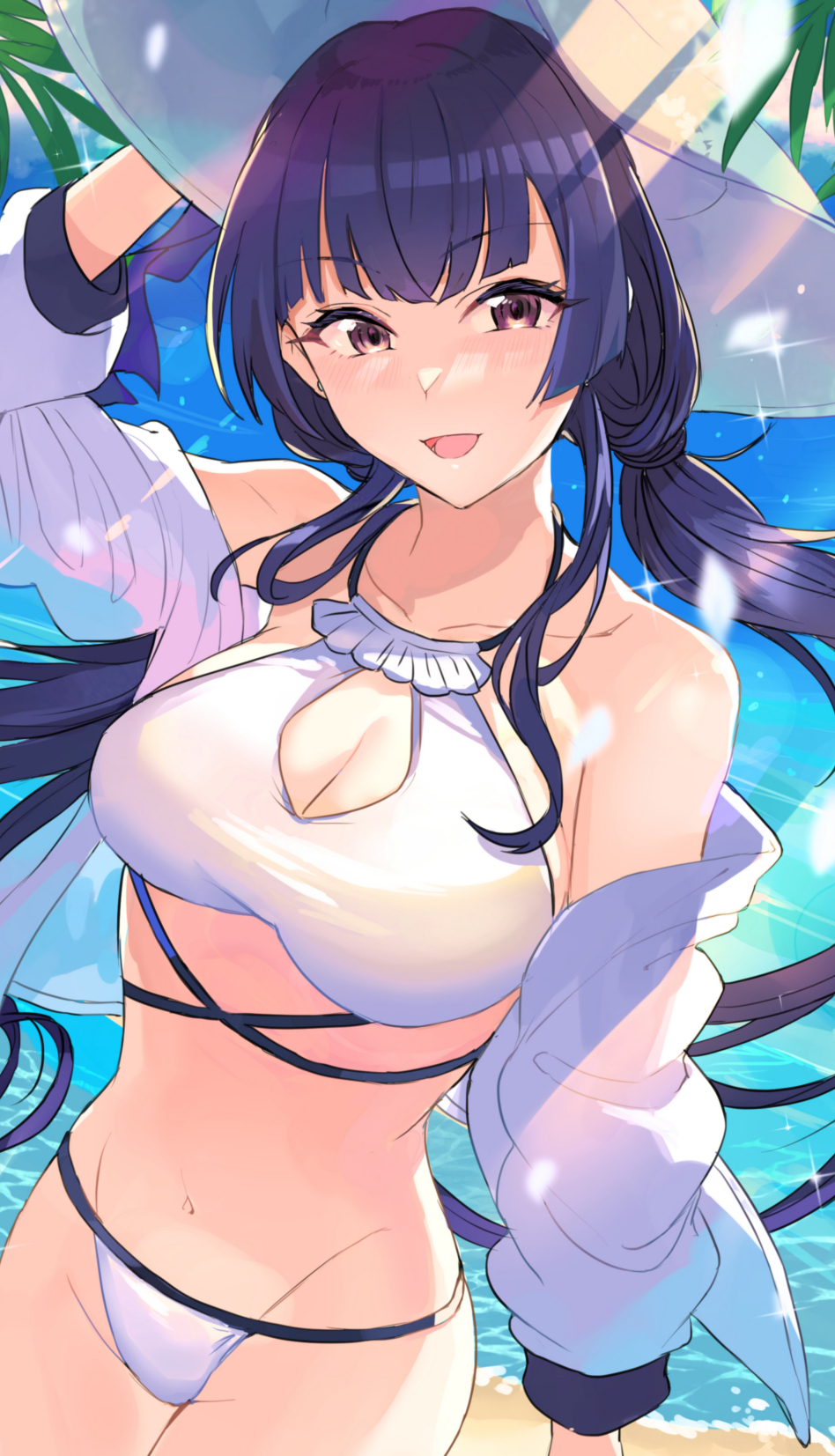 1girl alternate_hairstyle arm_up ashita_(2010) bare_shoulders beach bikini black_hair blunt_bangs blush breasts brown_eyes cleavage collarbone cowboy_shot dappled_sunlight day dot_nose hair_tie hat highres idolmaster idolmaster_shiny_colors jacket long_hair long_sleeves looking_at_viewer low_twintails mayuzumi_fuyuko medium_breasts navel ocean off_shoulder open_mouth outdoors palm_tree smile solo sparkle standing sunlight swimsuit tree twintails white_bikini white_jacket yellow_headwear